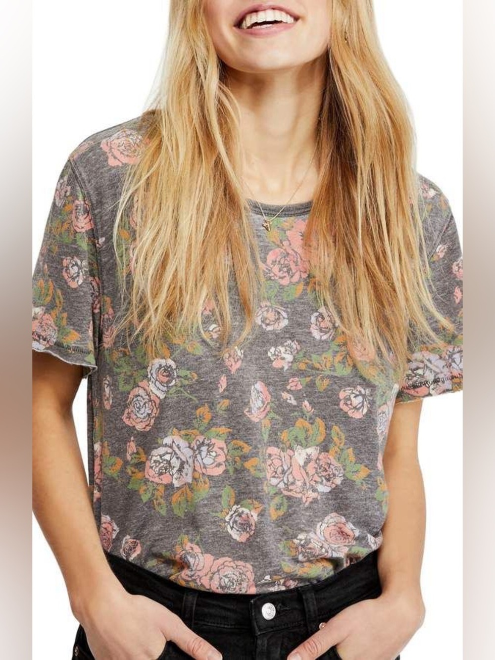 Free People Tourist T-Shirt Small Black Floral Tee - Picture 9 of 11